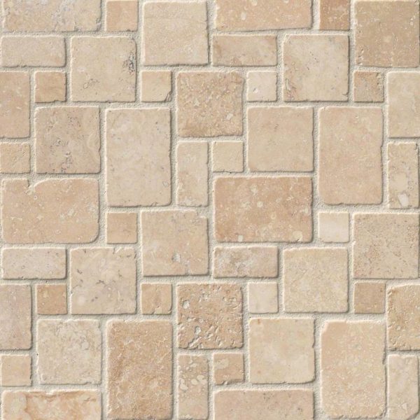 Ivory Travertine Mini Versailles Pattern Tumbled In 12×12 Mesh