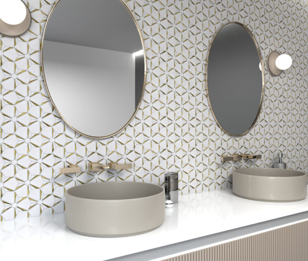 Kaleidoscope Gold Anthology Backsplash in Bathroom
