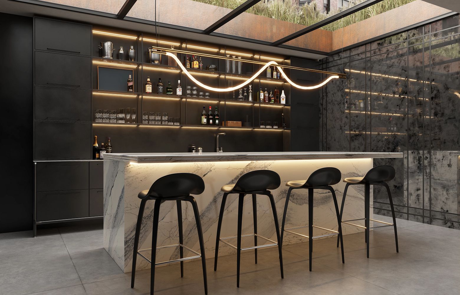 Close-up view of Cambria Windsor Steel Satin Ridge Quartz, showcasing its steel-toned wave patterns, warm honey-colored sand backdrop, and contrasting cool charcoal elements installed for kitchen countertops.